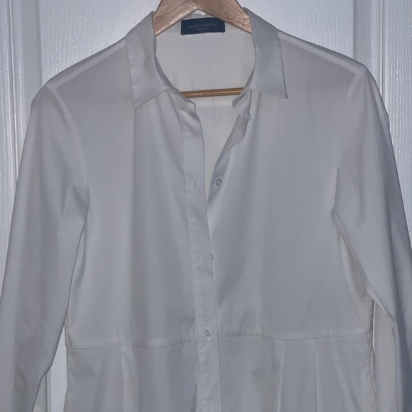 Piazza Sempione White Satin Tunic Dress Blouse Italy Paneled ButtonUp Pockets 42 - Picture 6 of 8